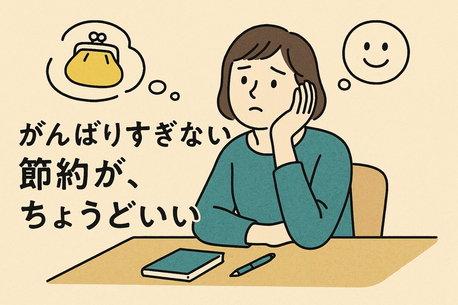 a cartoon of a woman sitting at a table with a book and a pen