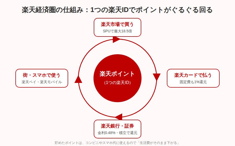 楽天経済圏の仕組み：1つの楽天IDでポイントが回る図解