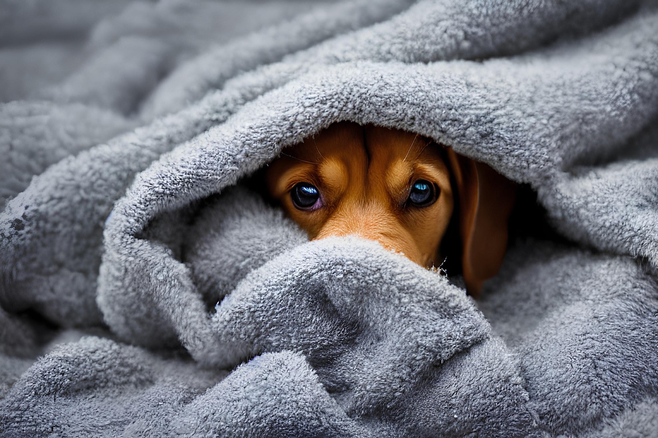 毛布から顔を出す犬